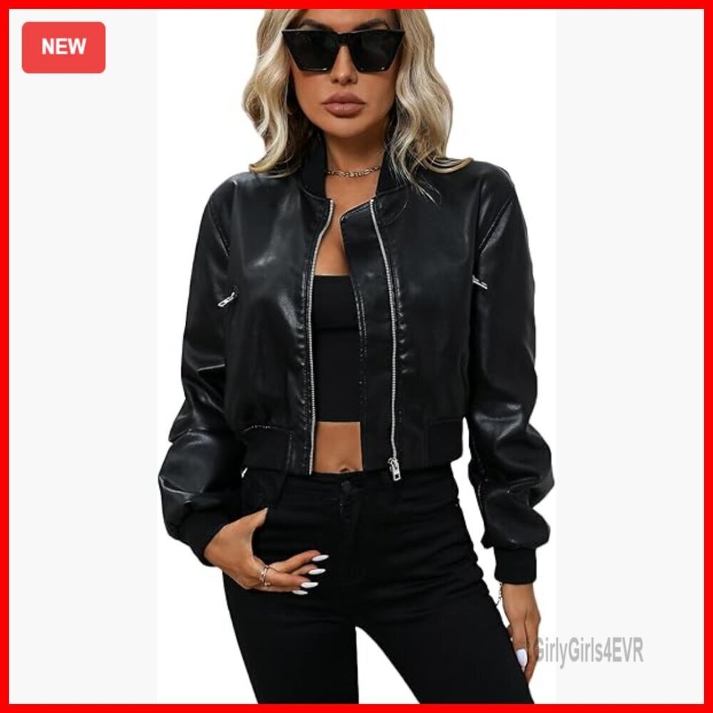 Faux Leather Varsity Bomber Jacket, Zipper Closure, Side Pockets, Streetwear